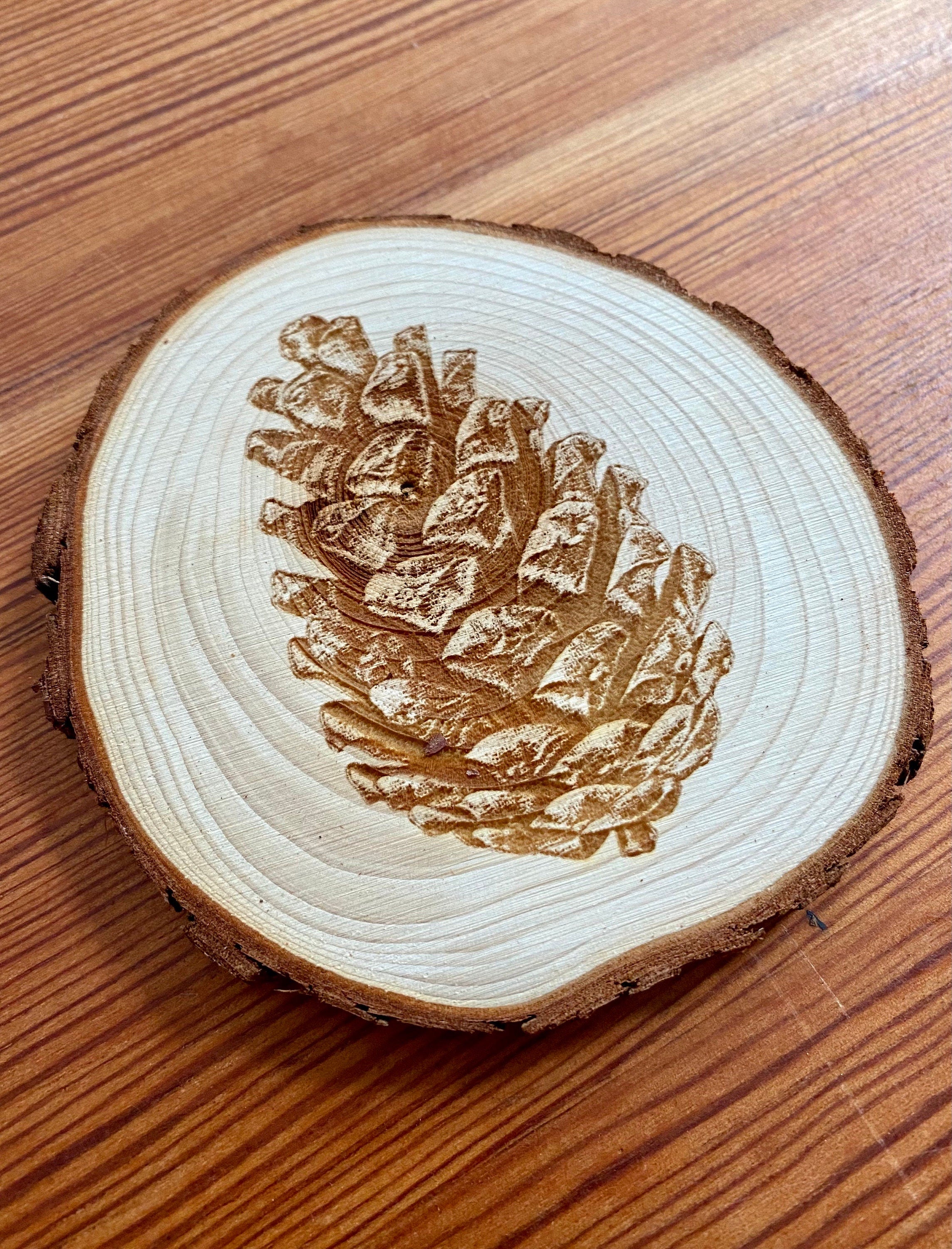 Pine Cone Engraved Wood Coaster Set