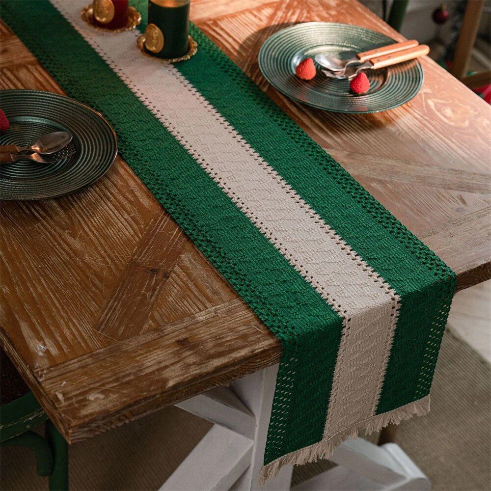 Chic Geometric Cotton Linen Table Runner with Tassel