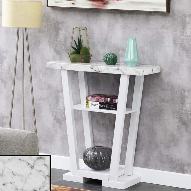 Modern White Faux Marble Console Table with Shelving