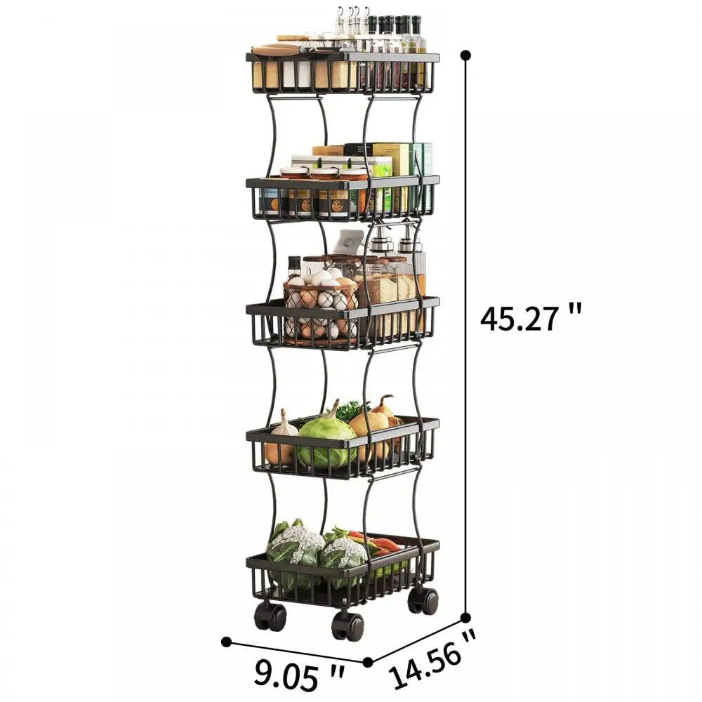 Wire Rolling Storage Cart - Multipurpose Black Utility Basket with Wheels