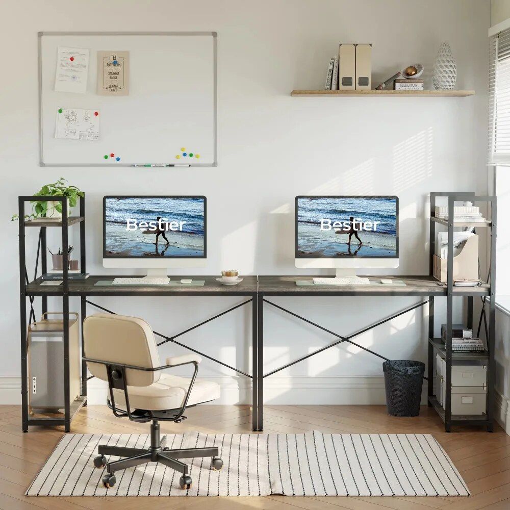 Space-Saving Home Office Writing Desk with Shelves & Sturdy Metal Frame