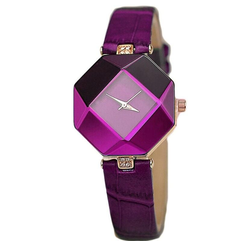 Elegant Gem Cut Geometry Crystal Leather Quartz Women's Watch