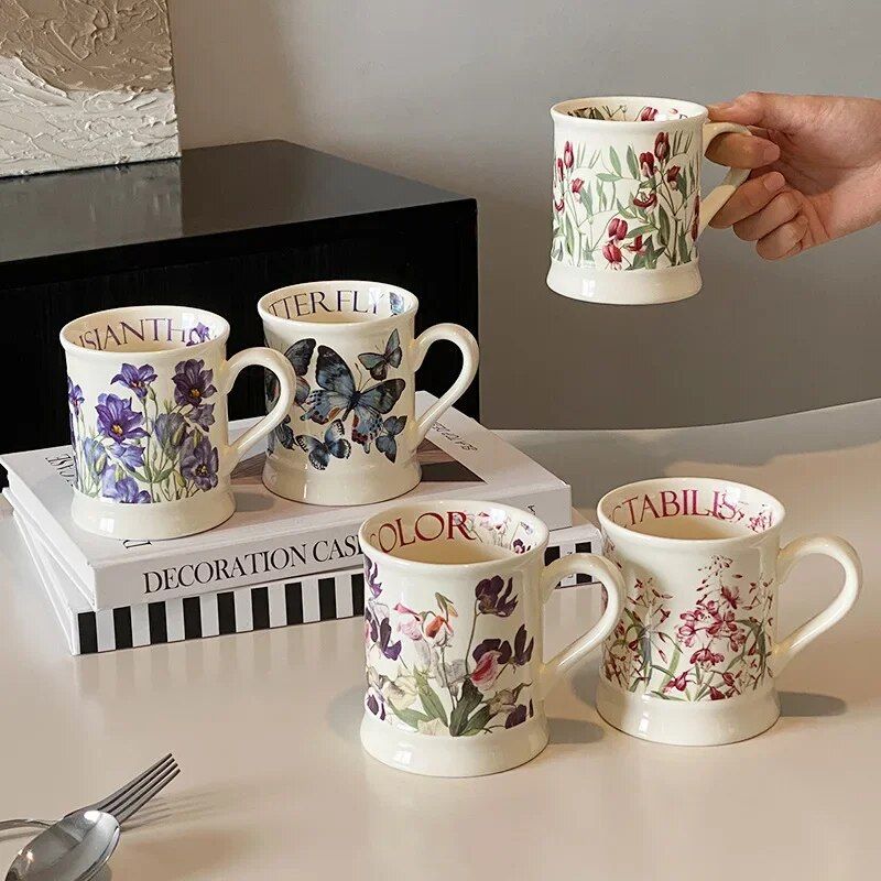 Chic Handgrip Ceramic Mug - Prairie Style, Floral Elegance for Office & Restaurant