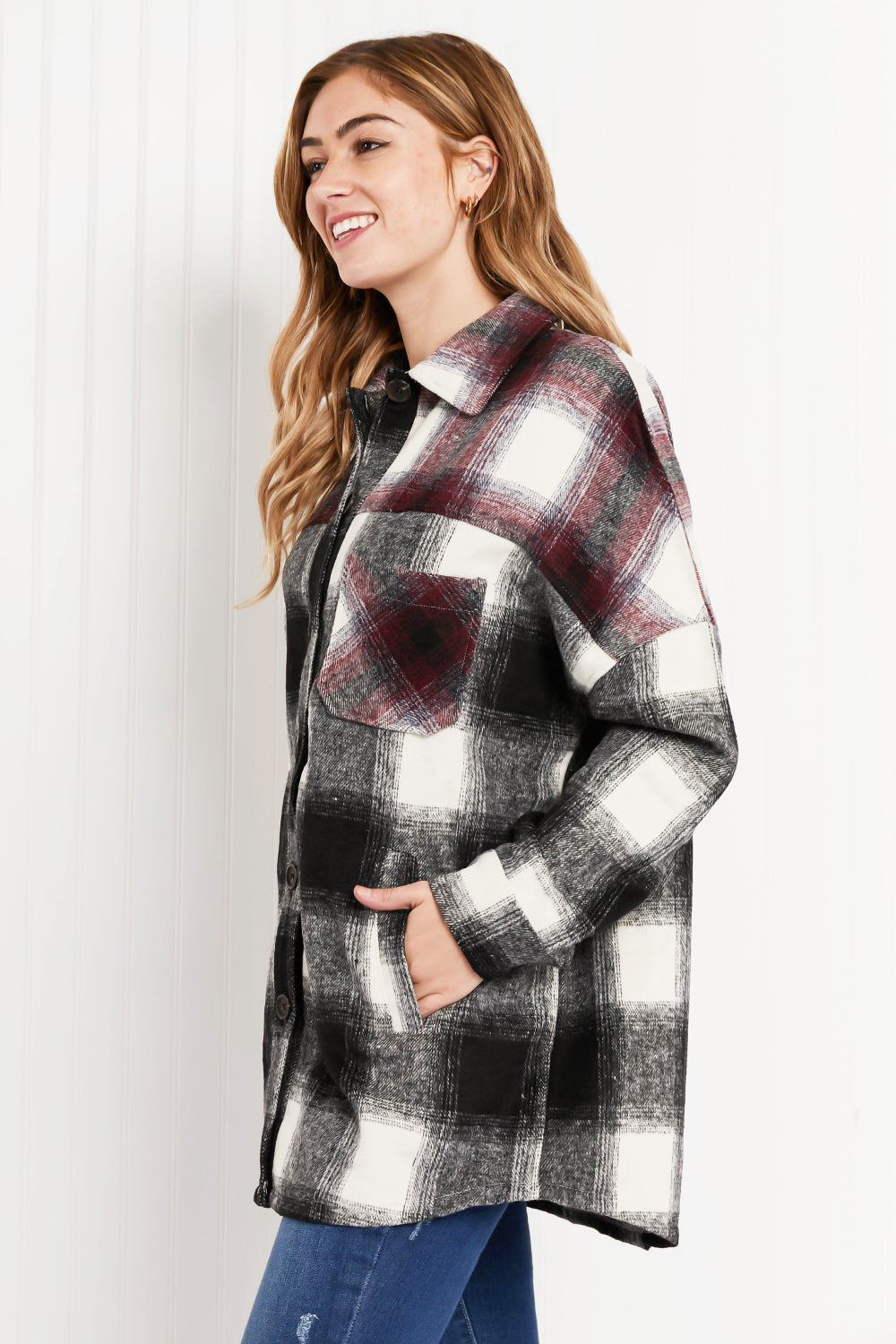 Colors of Autumn Plaid Shacket in Black/Burgundy