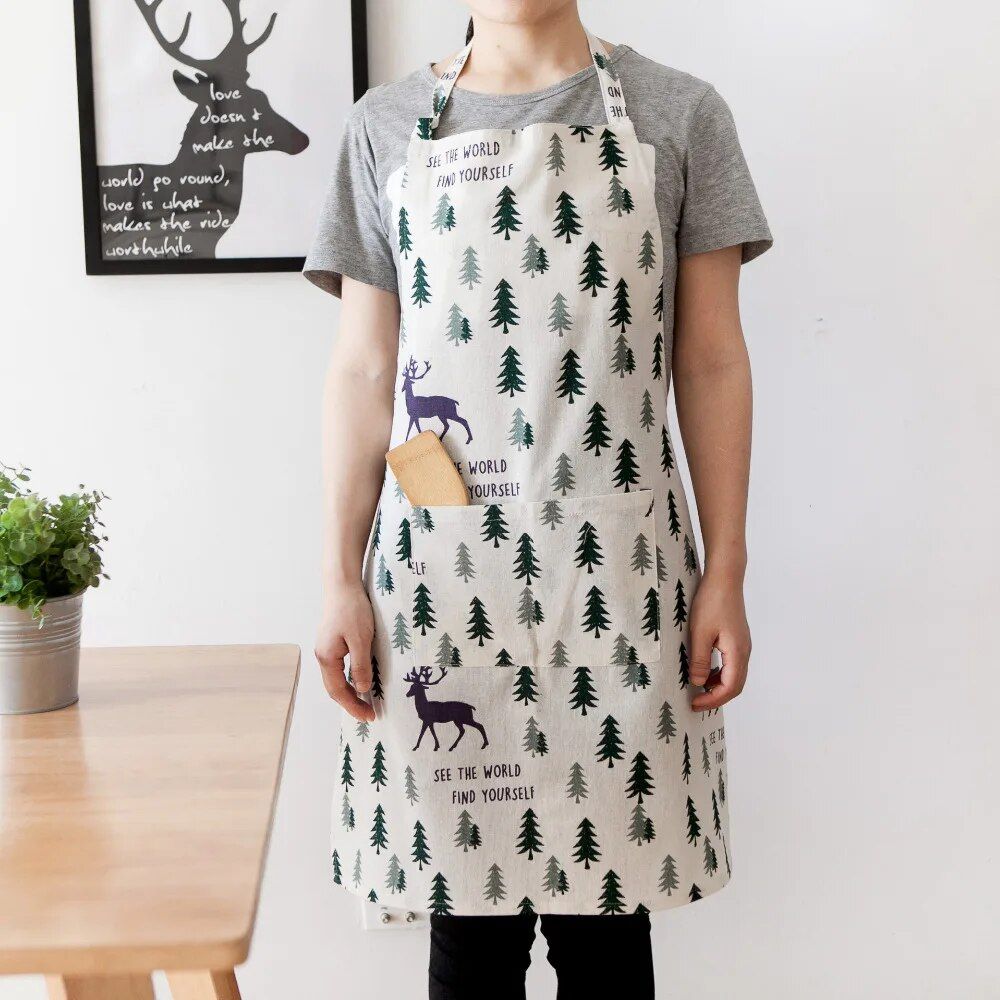 Festive Deer Print Cotton Apron with Pocket