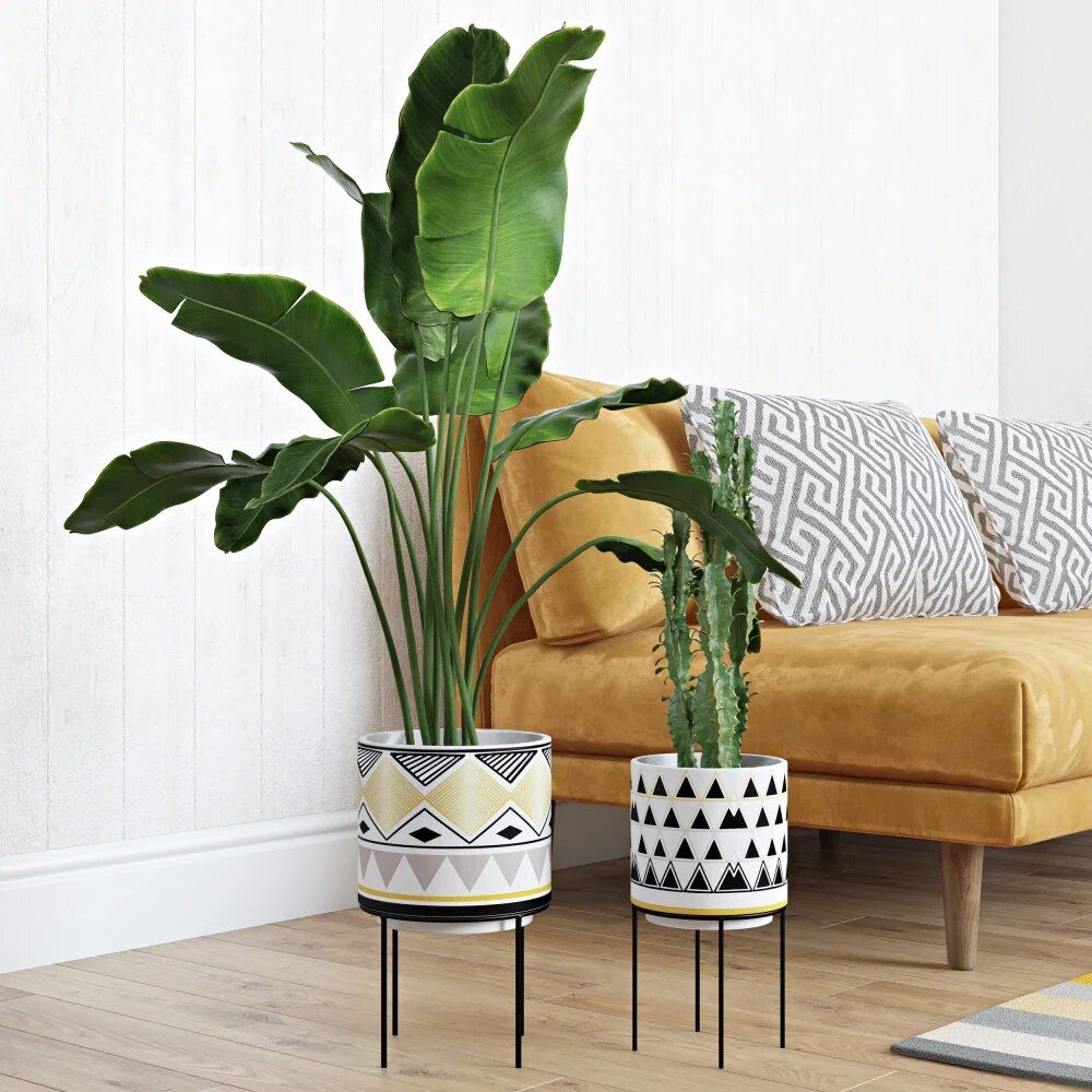 Mid-Century Modern Round Ceramic Planters with Metal Stand