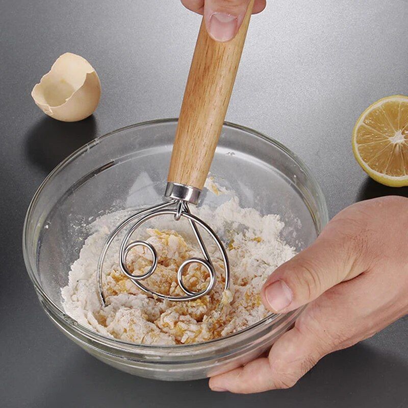 Multi-Function Danish Dough Whisk with Wood Handle - Stainless Steel Hand Mixer for Baking