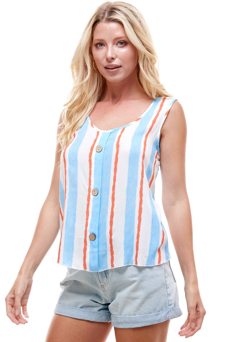 Multi Stripe Tie Shoulder Button Swing Top