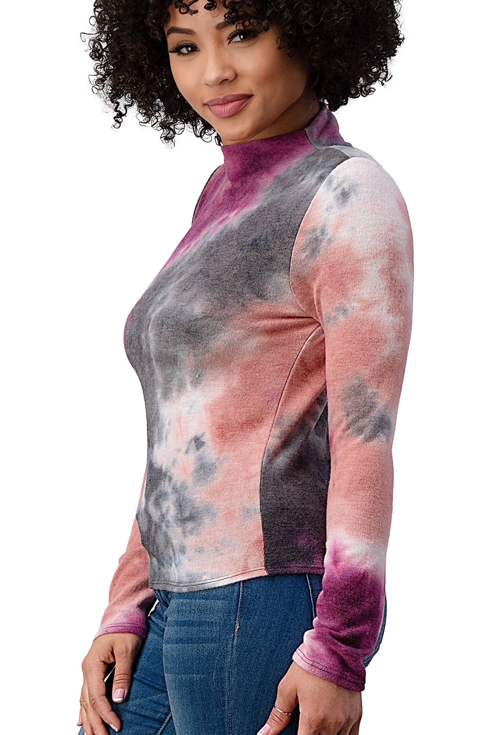 Brushed Knit Tie Dye Printed Mock Neck Long Sleeve Top