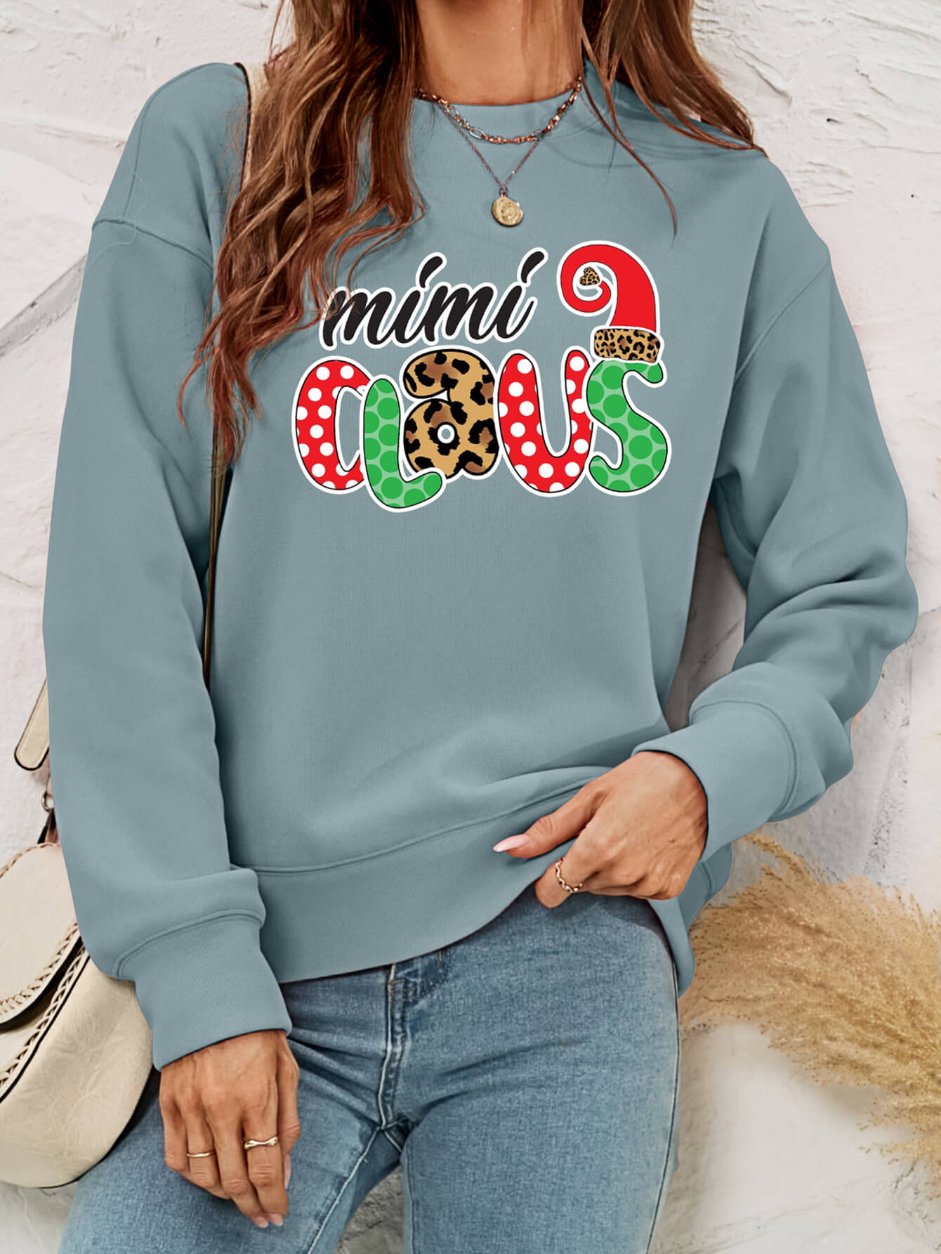 Mimi Clause Polka Dot Graphic Dropped Shoulder Sweatshirt