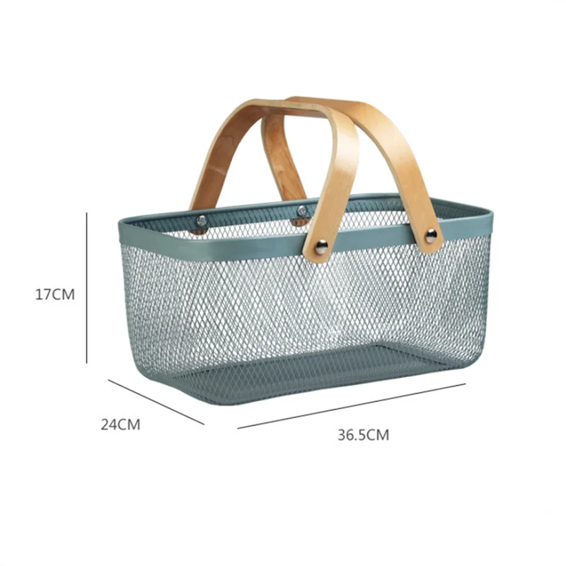 Multi-Purpose Iron Mesh Storage Basket with Wooden Handle