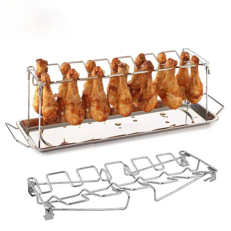 Ultimate BBQ Chicken Leg Wing Grill Rack with Stainless Steel Roaster Stand and Drip Pan