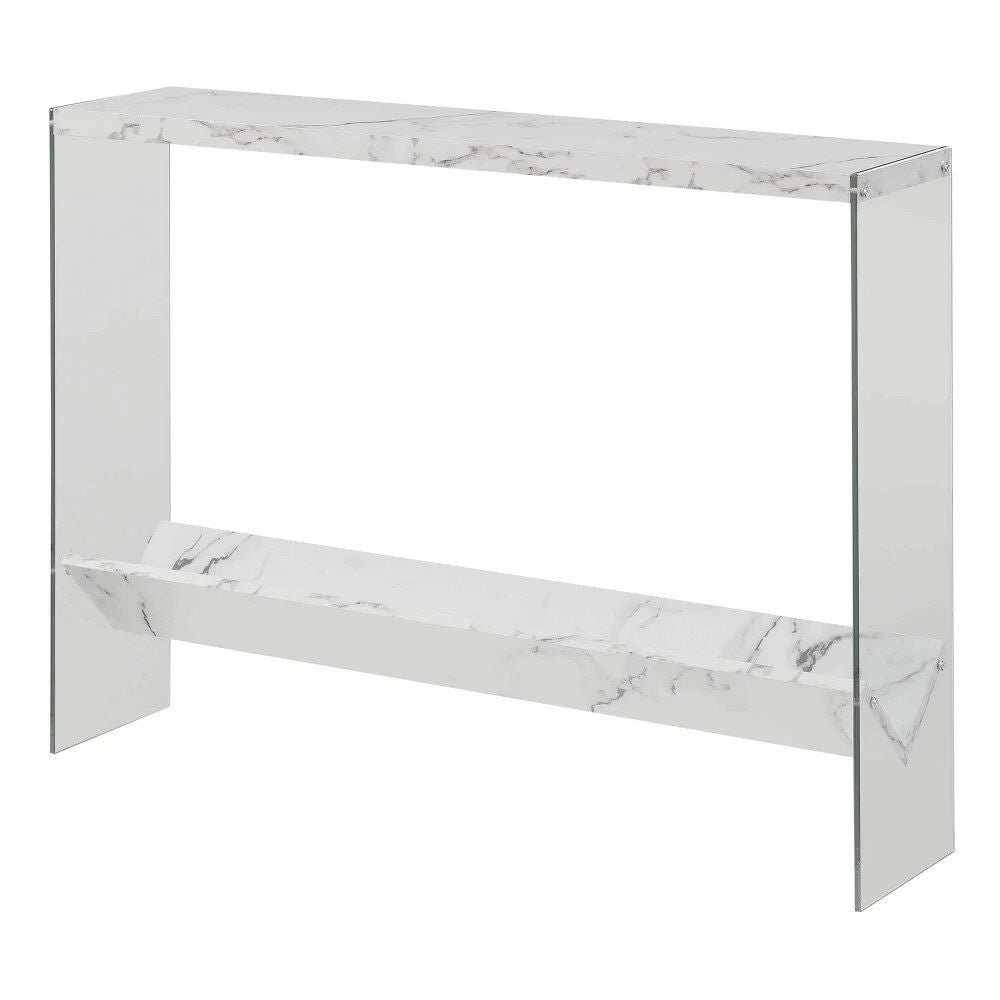 Elegant White Faux Marble & Glass Console Table with Shelf