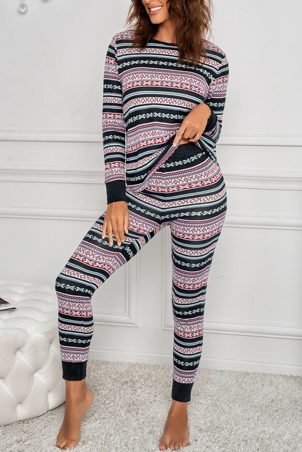 Printed Curved Hem Top and Pants Pajamas Set