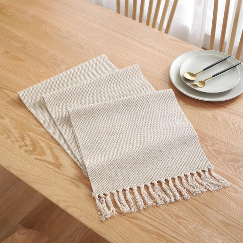 Hand-Woven Cotton Linen Table Runner with Tassels