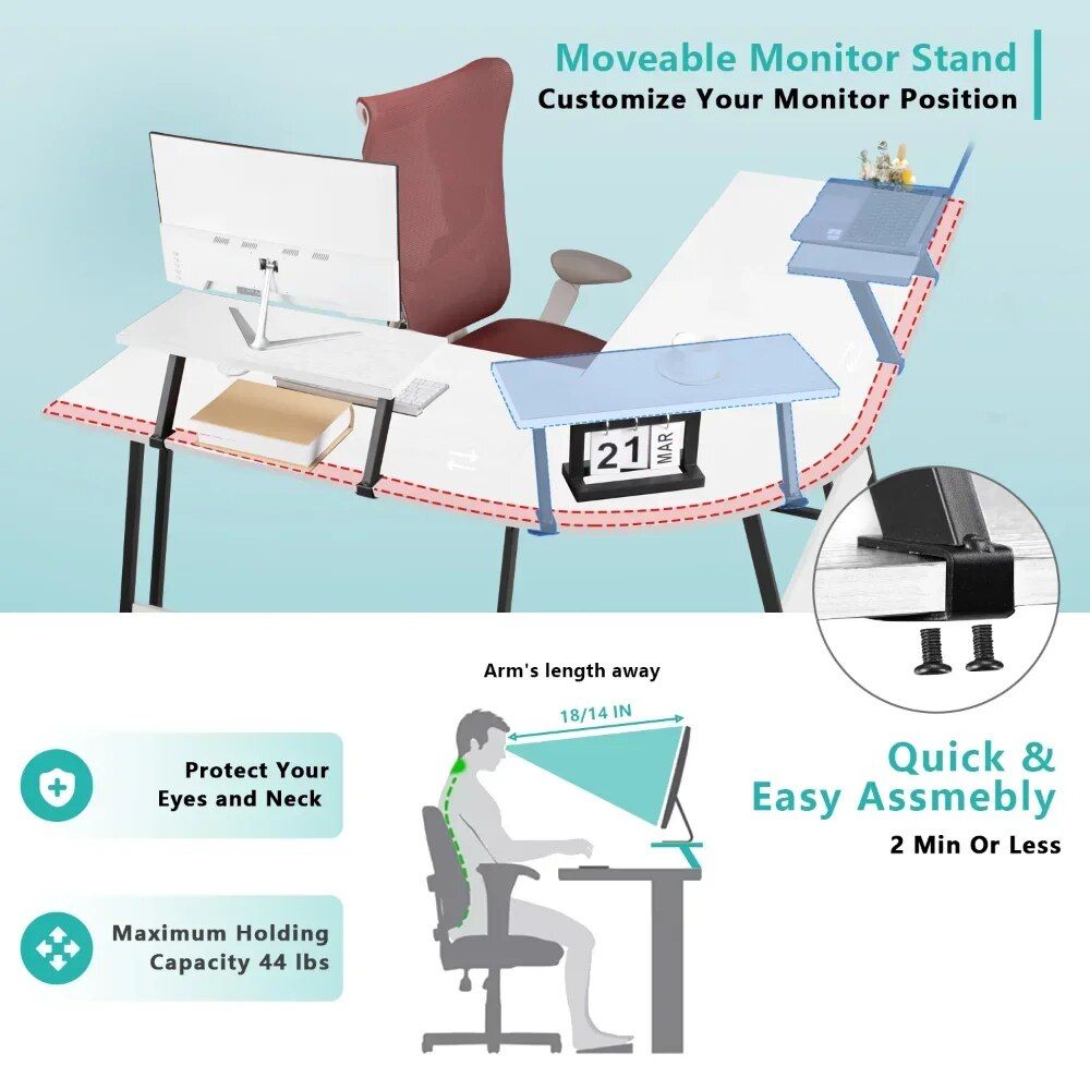 Sleek White L-Shape Home Office Computer Desk with Movable Monitor Stand