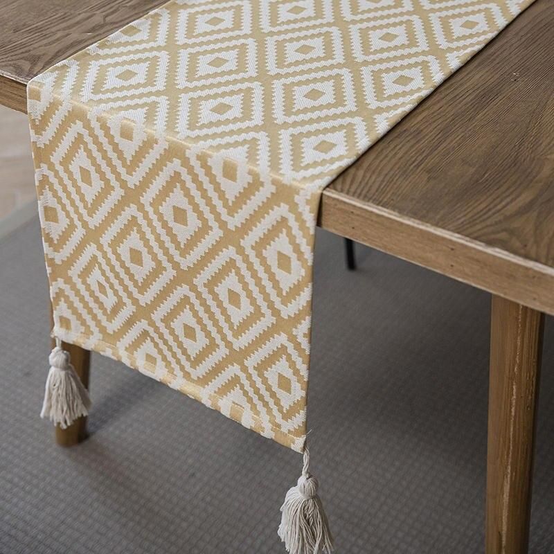 Elegant Nordic Jacquard Table Runner with Geometric Tassel Design