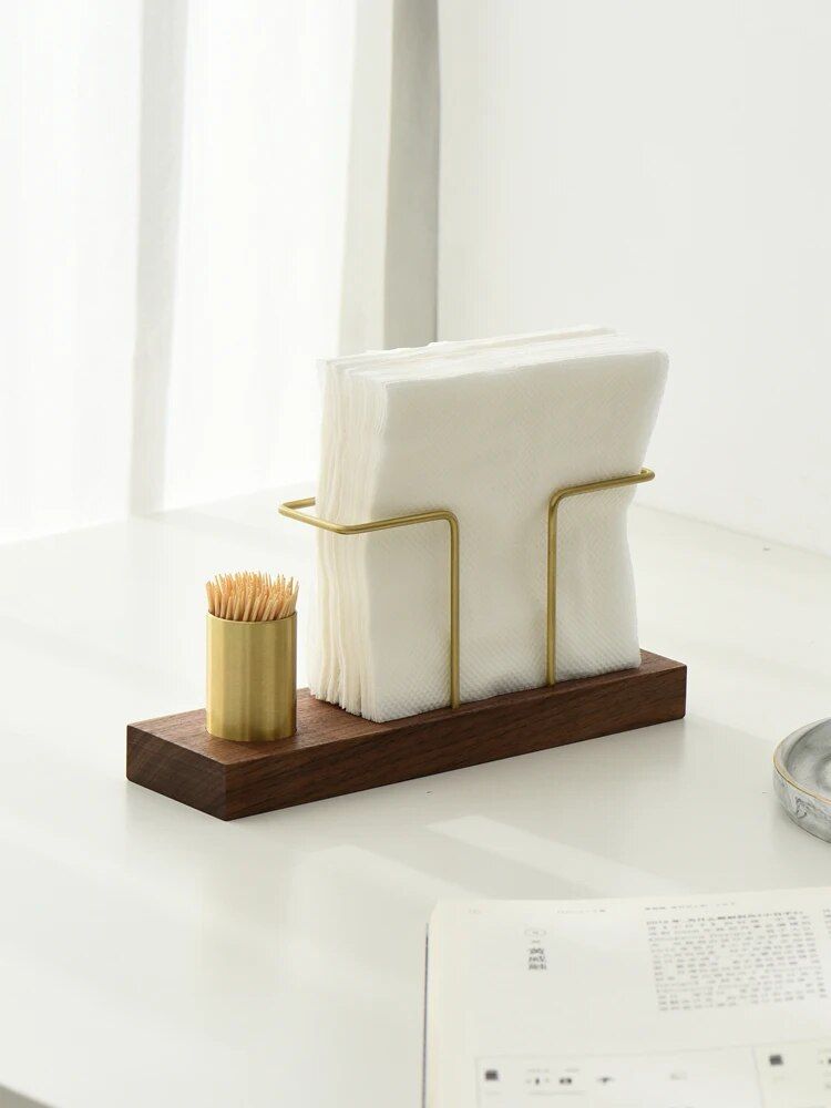 Elegant Wood and Brass Desktop Organizer with Multi-Functional Tissue and Toothpick Holder