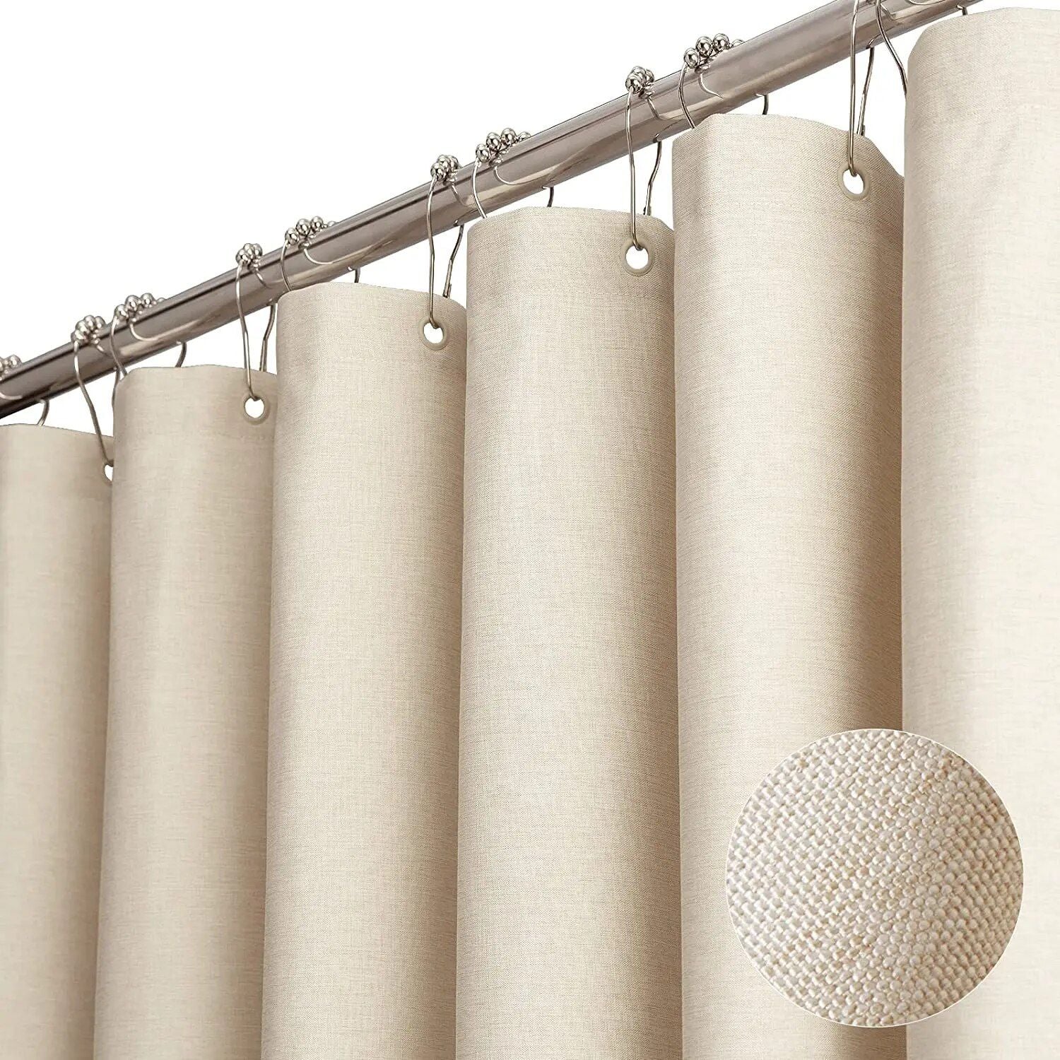 Luxury Waterproof Linen-Texture Shower Curtain with Silver Hooks