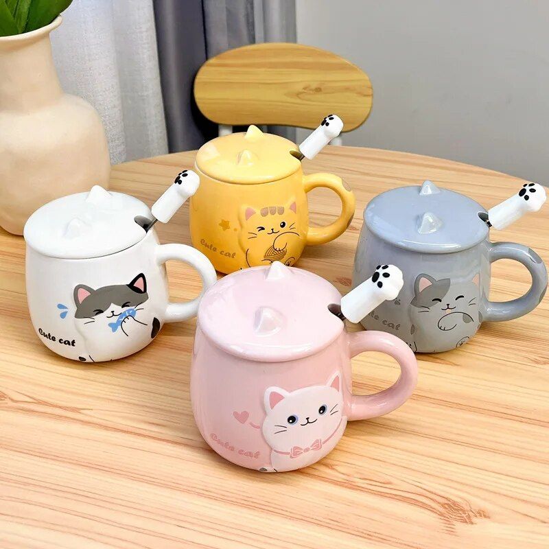 Cute Cartoon Cat Ceramic Mug with Lid and Spoon - Perfect for Office and Home Use