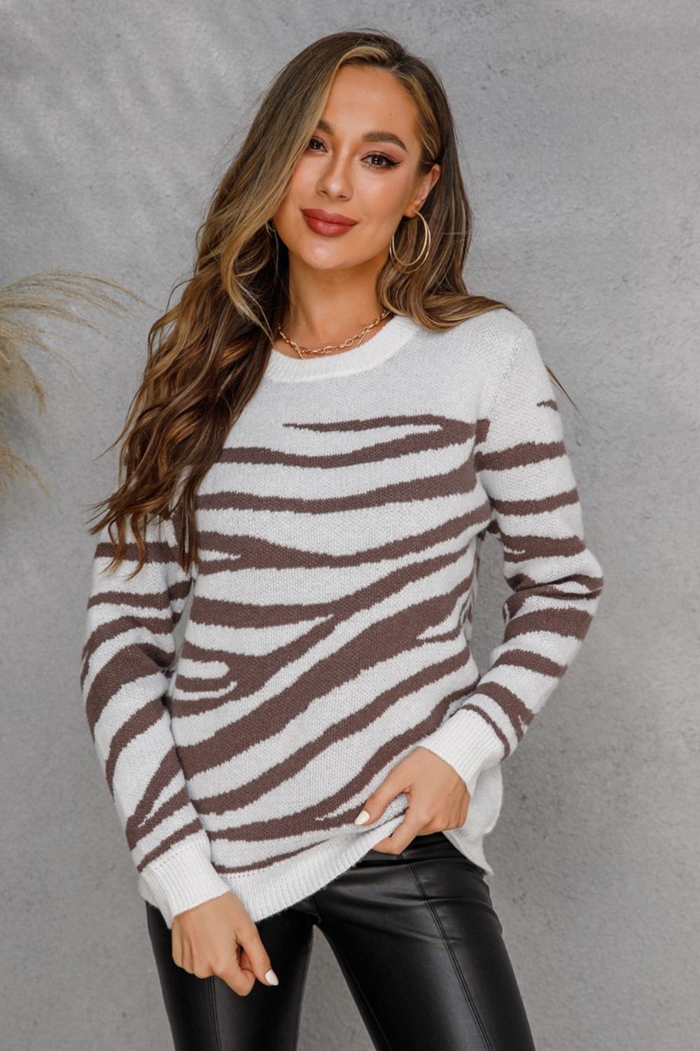 Animal Print Button Detail Crewneck Sweater