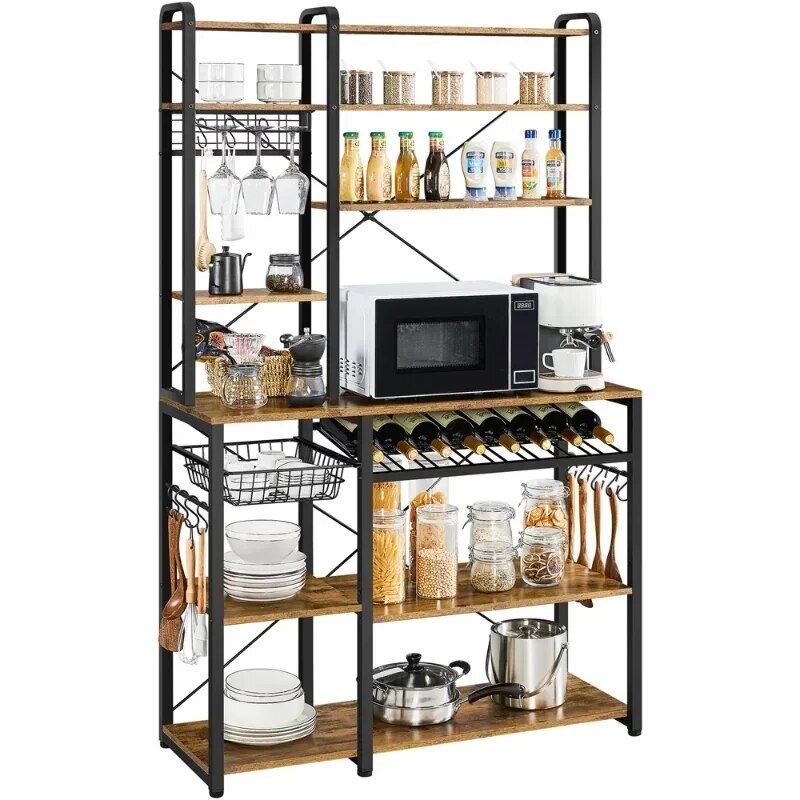 71-Inch Industrial Rustic Baker's Rack and Microwave Stand in Weathered Sand