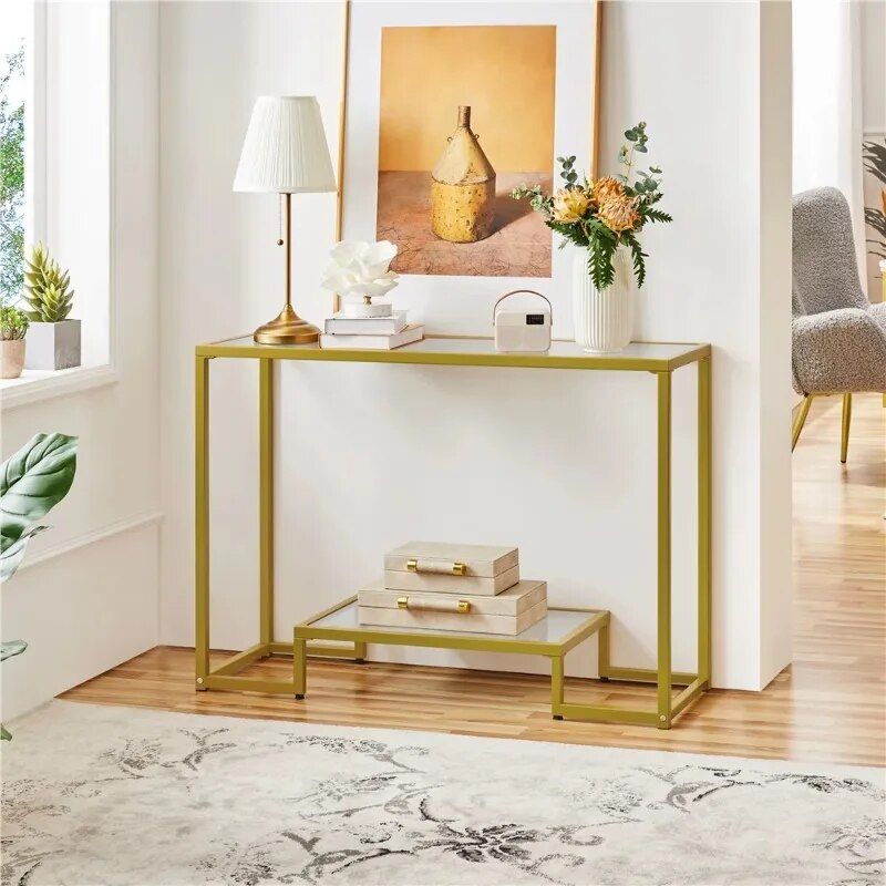 Gold-Tone 2-Layer Tempered Glass Console Table with Metal Frame for Versatile Use