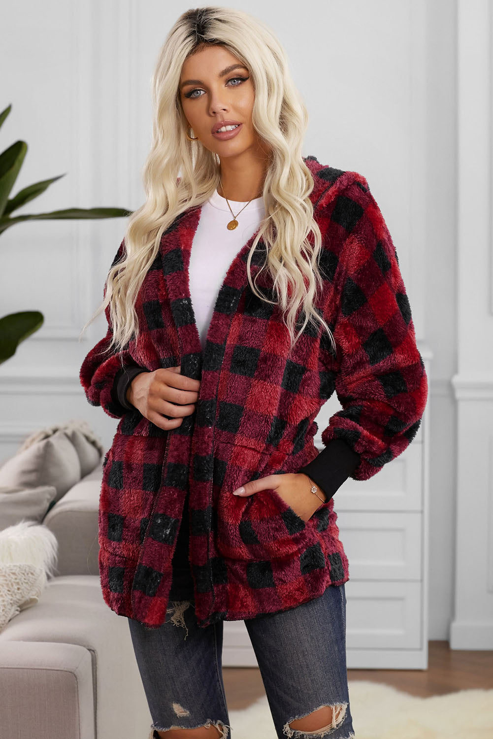 Plaid Fuzzy Fleece Open Front Hooded Jacket