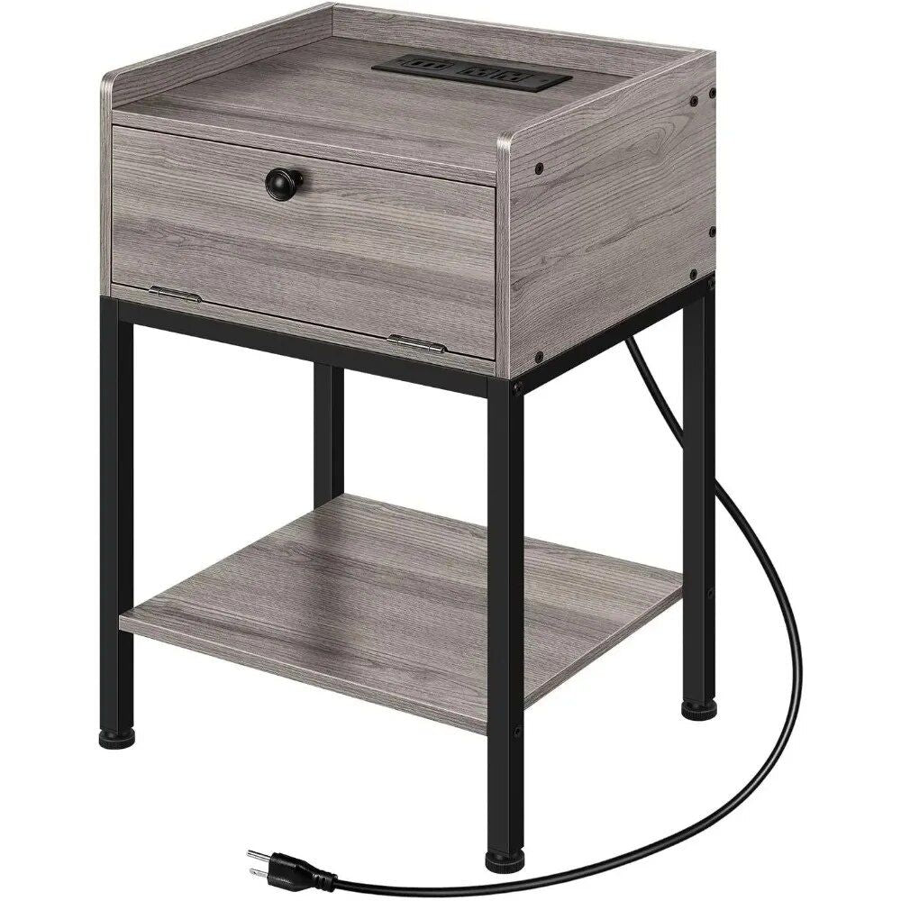 Modern Morocco Wood Side Table with Built-in Charging Station and Storage