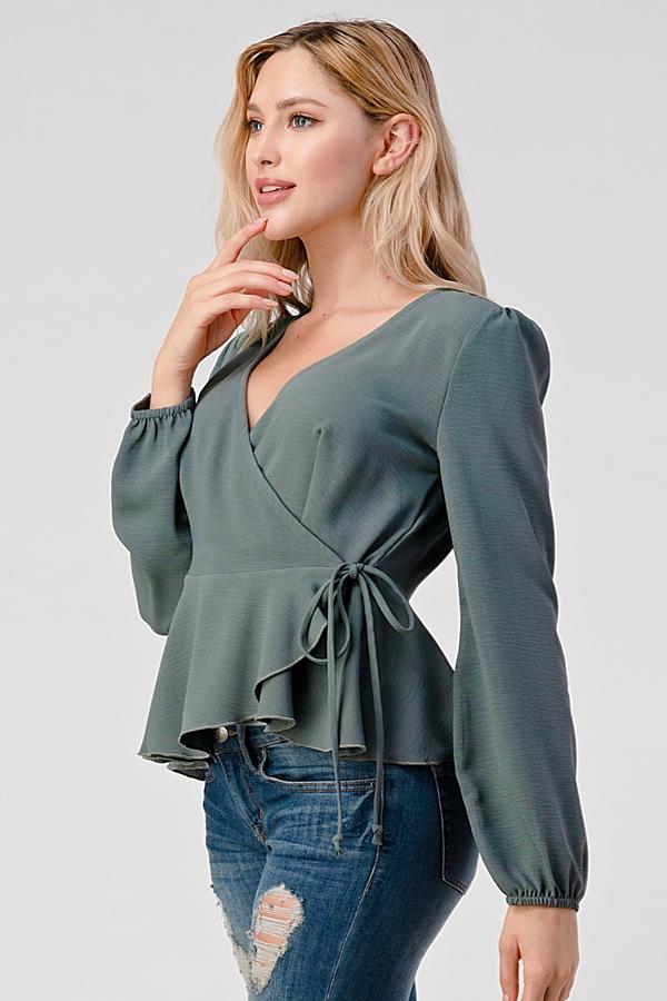 Surplice Tie Waist Long Sleeves Peplum Hem Blouse