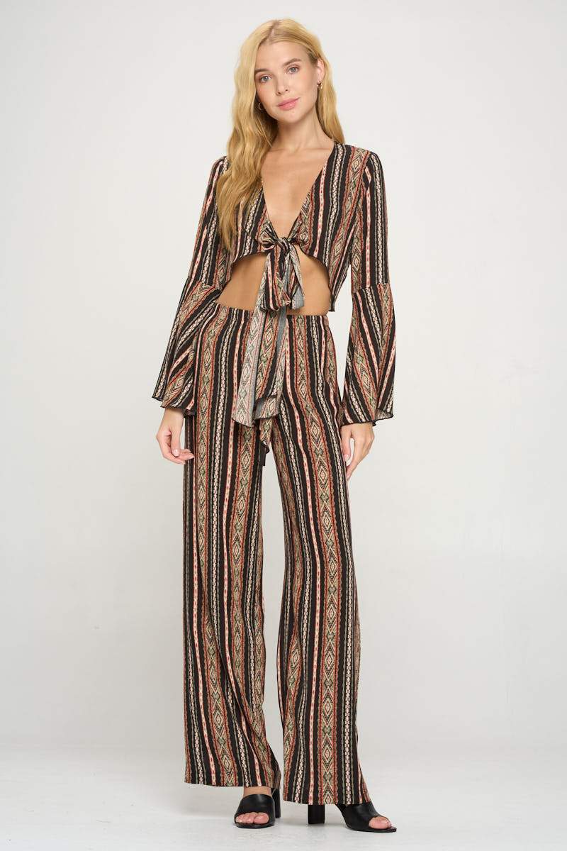 Cropped Boho Printed Bell Sleeved Cardigan And Palazzo Pant Set