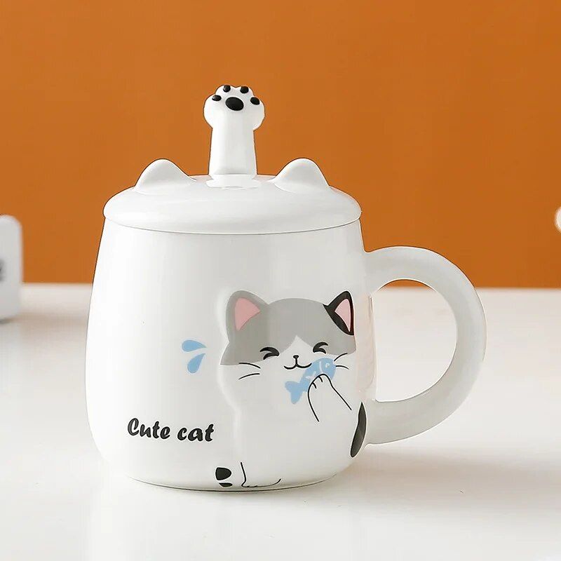 Cute Cartoon Cat Ceramic Mug with Lid and Spoon - Perfect for Office and Home Use