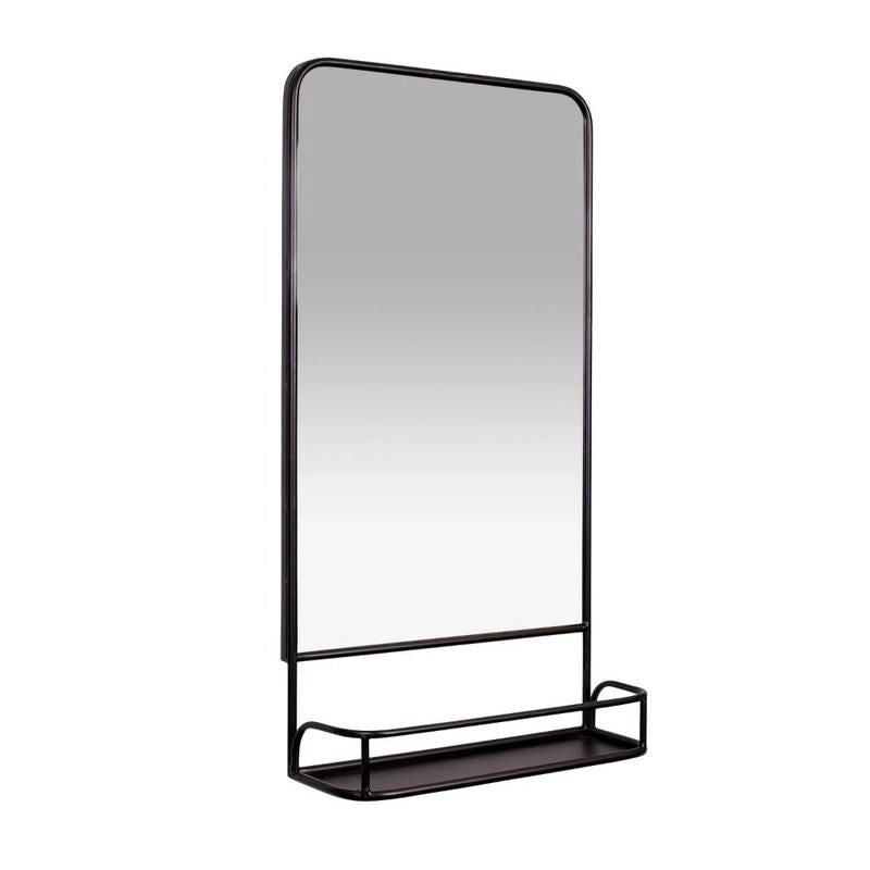 Modern Black Metal Wall Mirror with Shelf - 15.5 x 30 inch Rectangular Magnifying Mirror