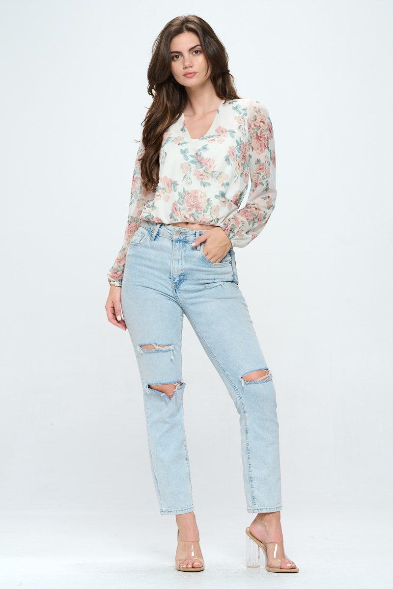 Floral mesh surplice blouse