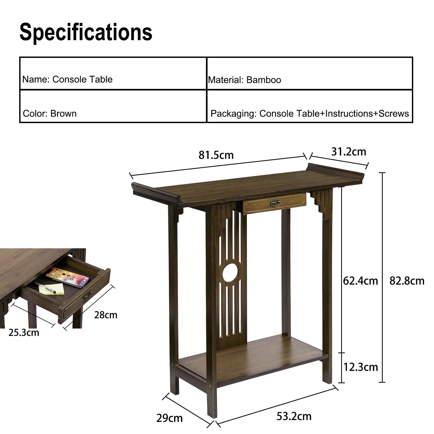 Elegant 32" Bamboo Console Table for Living Room, Hallway, and Entryway