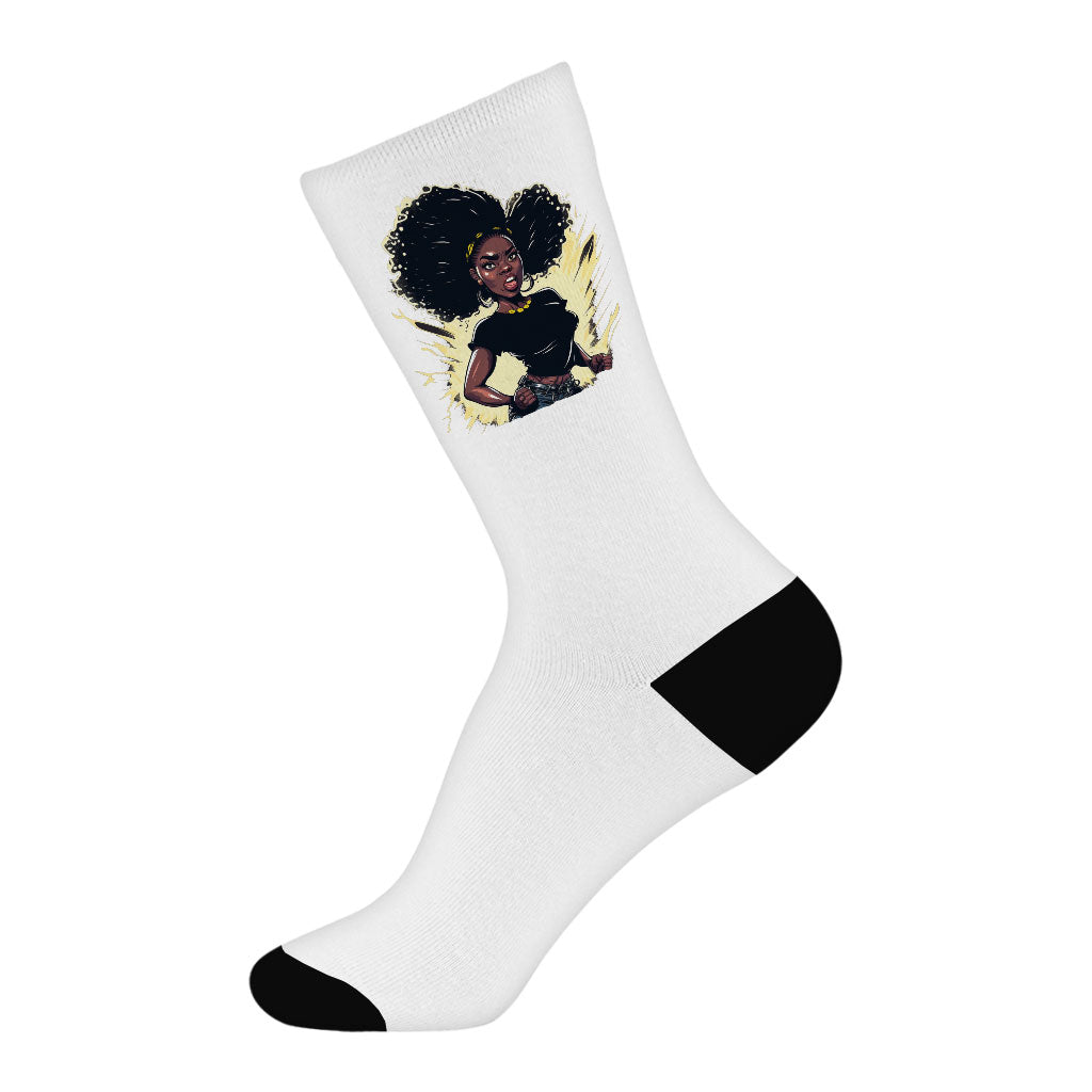 Black Girl Power Socks - Printed Novelty Socks - Cartoon Crew Socks