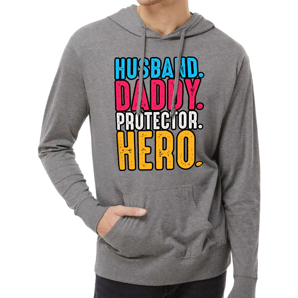 Husband Daddy Protector Hero Lightweight Jersey Hoodie - Cool Hooded Pullover - Printed Hoodie