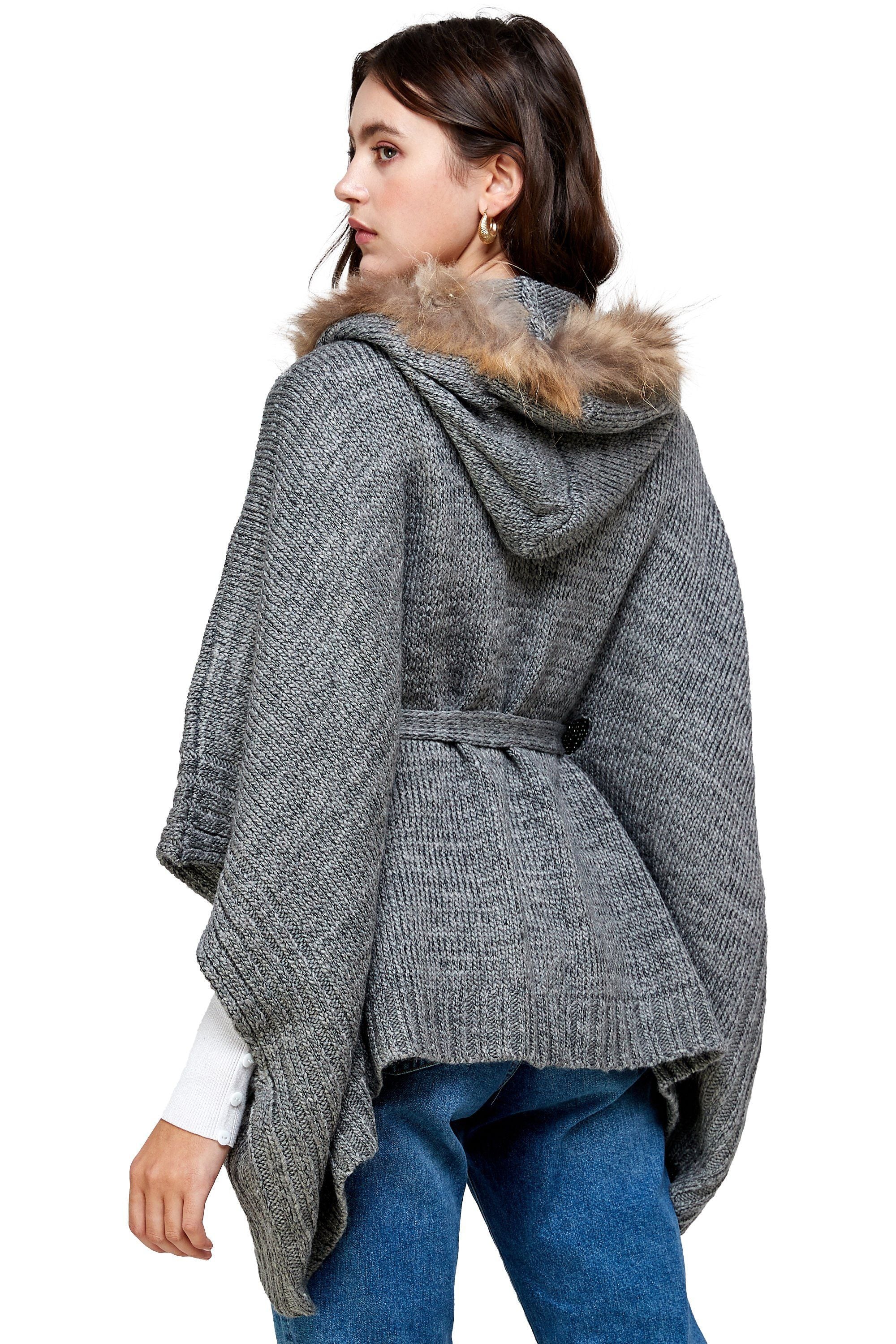 Hoodie Poncho Sweater Cardigan Fur Trim Top