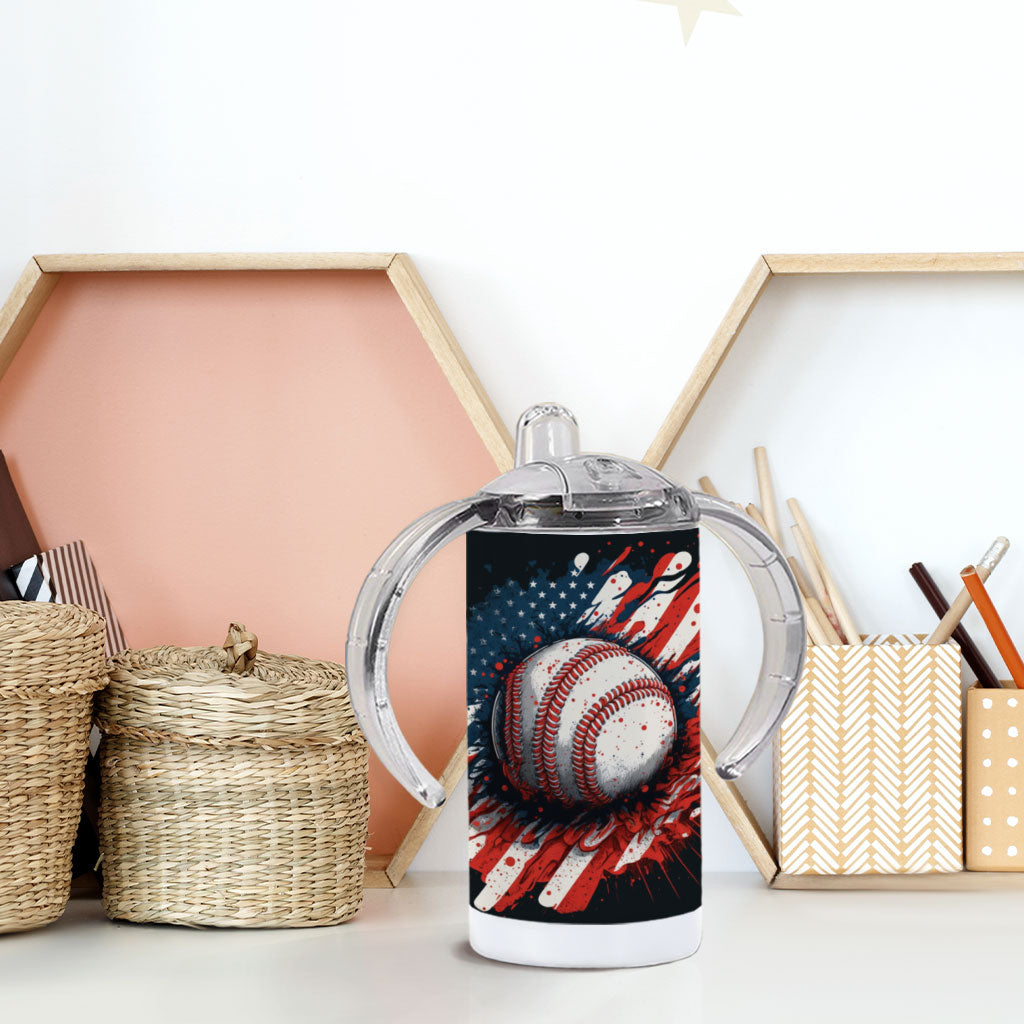 American Flag Baseball Sippy Cup - Patriotic Baby Sippy Cup - Cool Design Sippy Cup