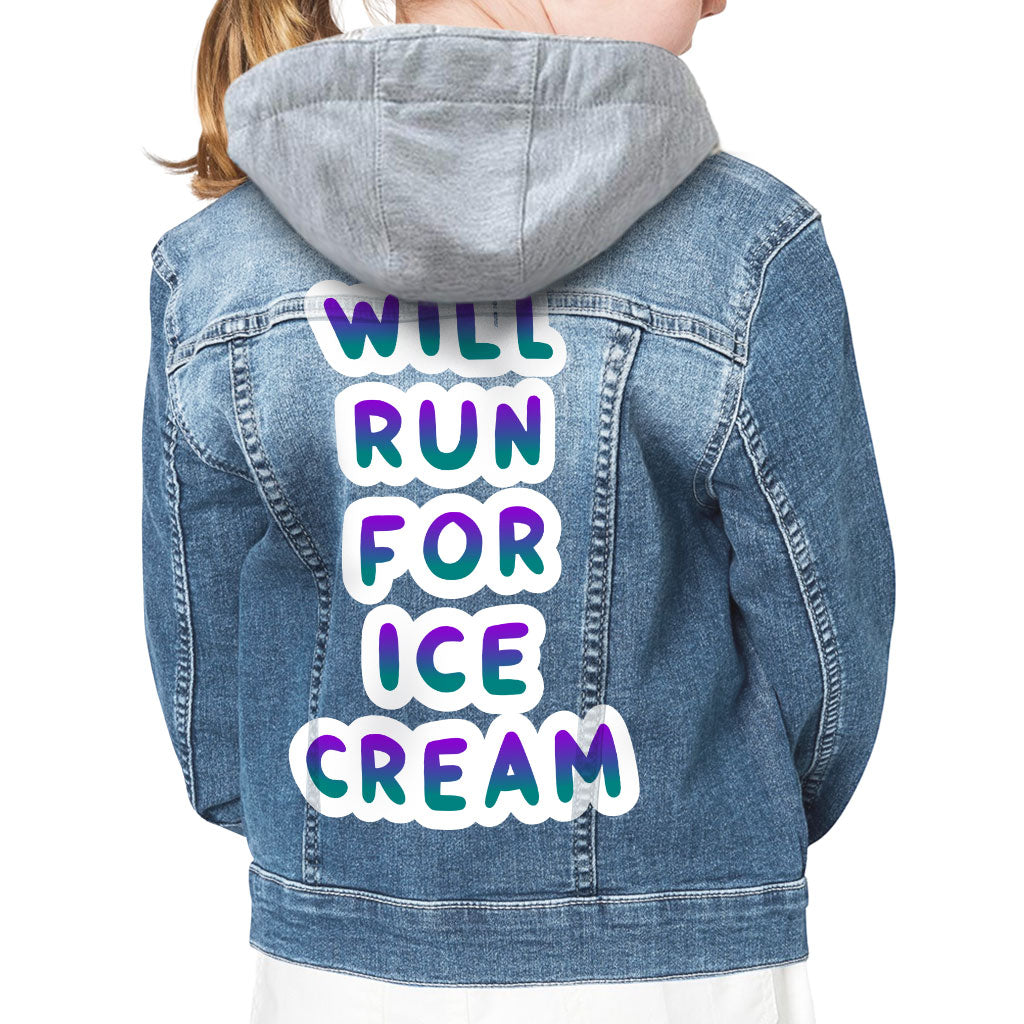 Will Run for Ice Cream Hooded Denim Jacket for Kids - Funny Jean Jacket - Cool Denim Jacket for Kids