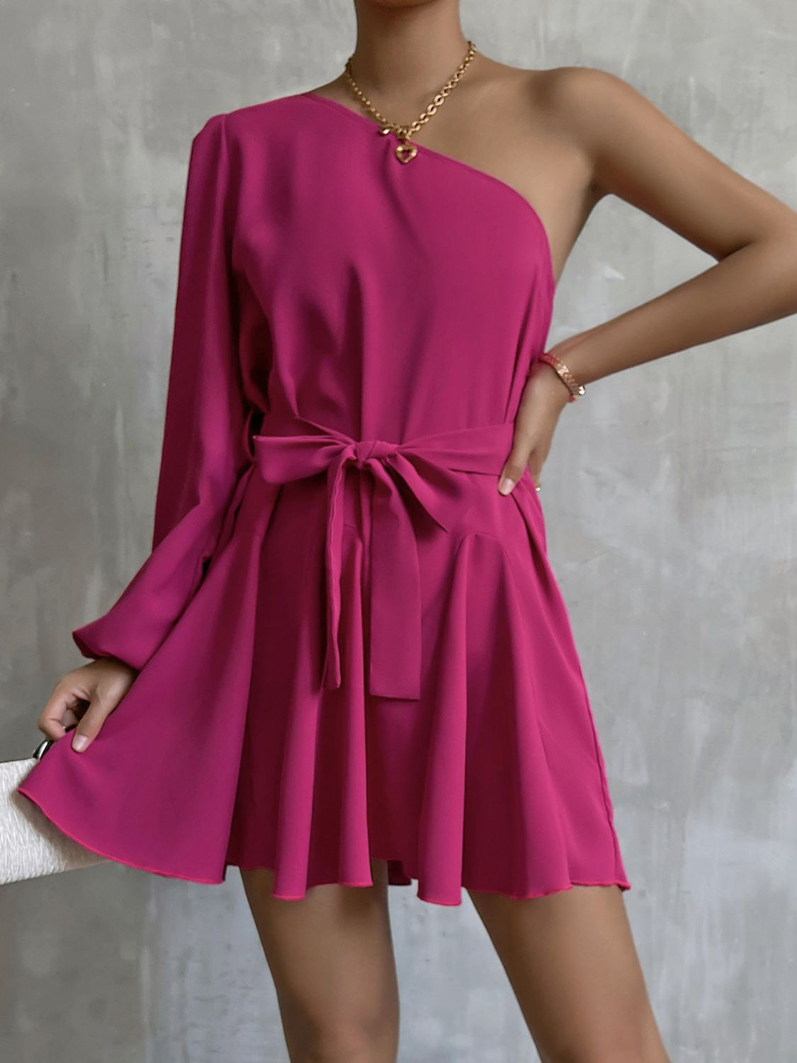 One-Shoulder Belted Mini Dress