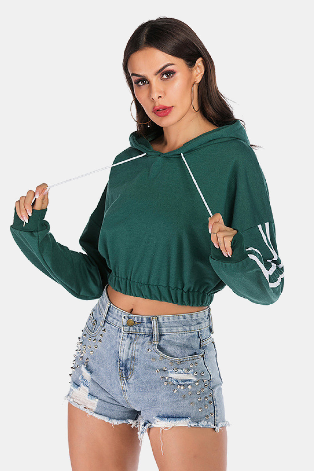 Full Size Side Stripe Elastic Waist Cropped Hoodie