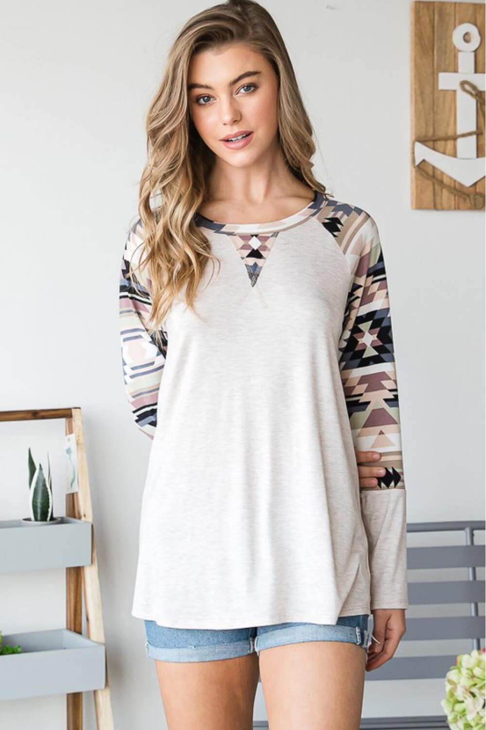 Aztec Contrast Raglan Sleeve Top