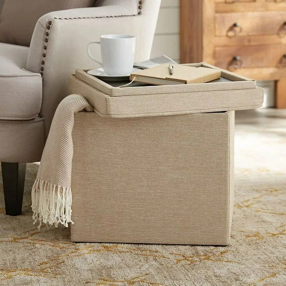 Multi-Functional Tan Storage Ottoman with Tray