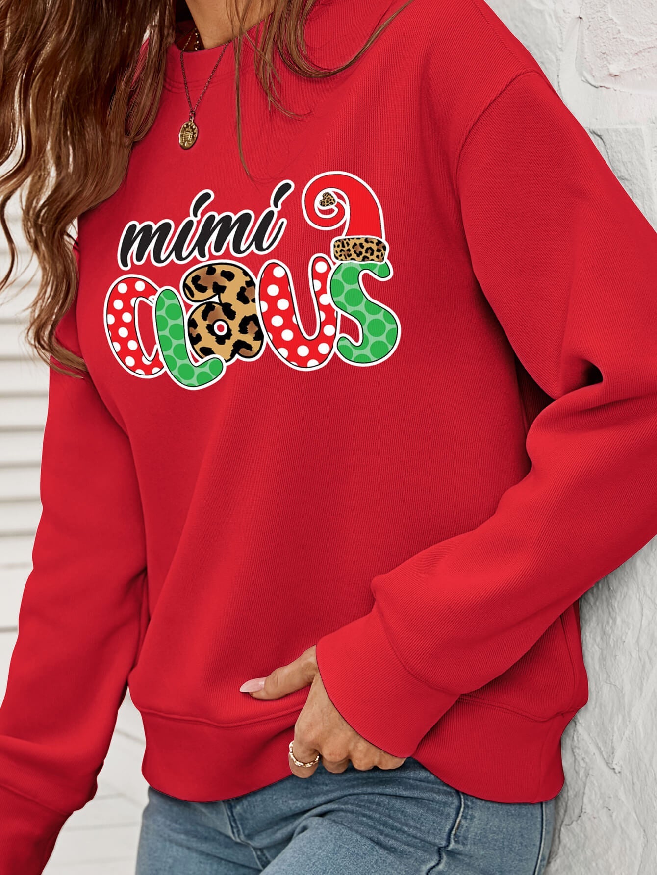 Mimi Clause Polka Dot Graphic Dropped Shoulder Sweatshirt