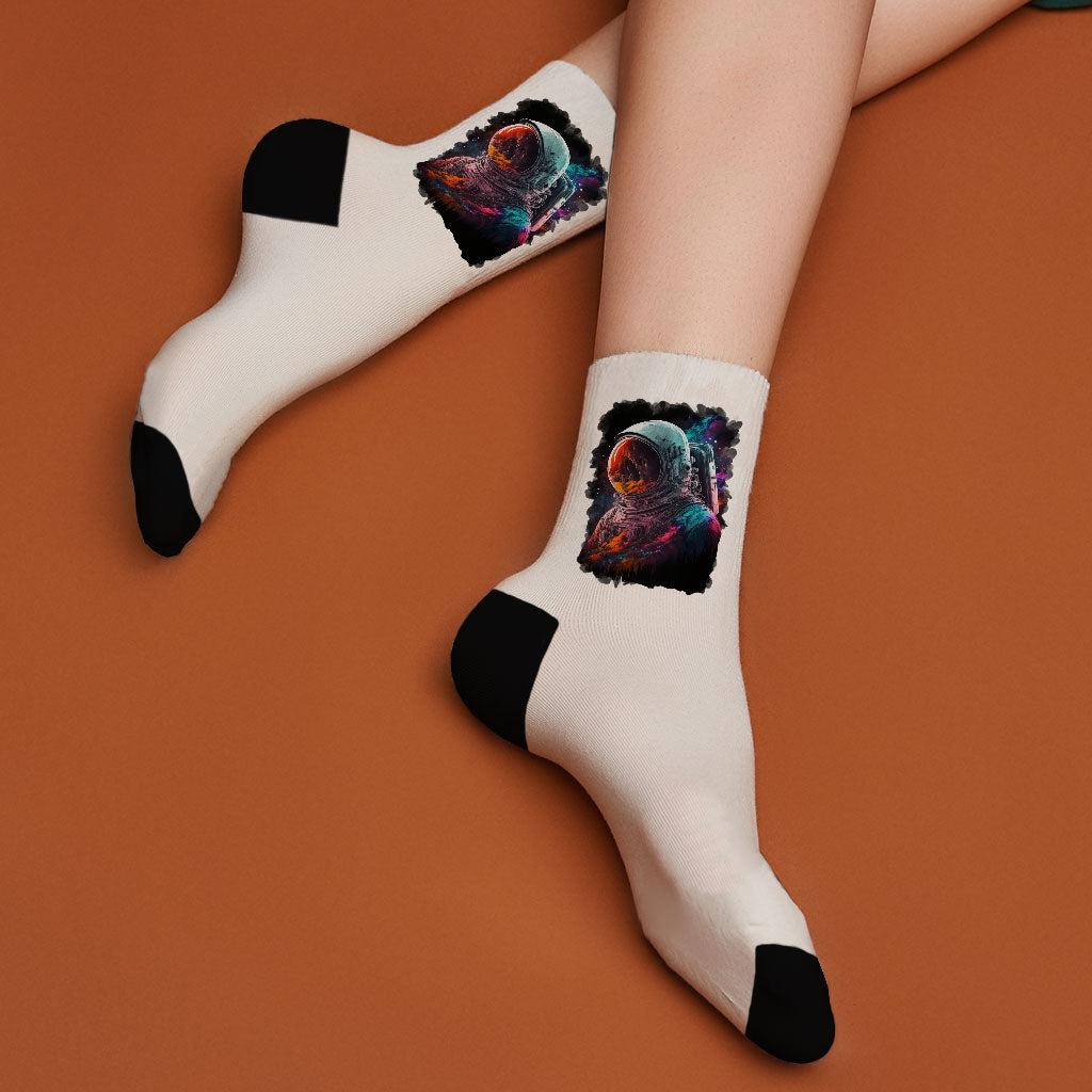 Space Astronaut Socks - Cool Art Novelty Socks - Colorful Crew Socks