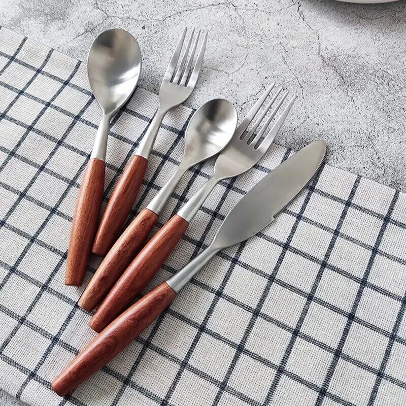 Elegant Natural Wood & Stainless Steel Cutlery Set - 5Pcs