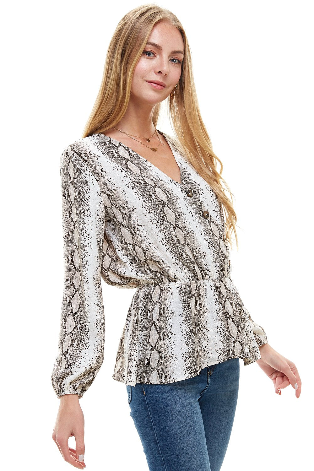 Snake V neck Button Front Peplum Long Sleeve Blouse Top