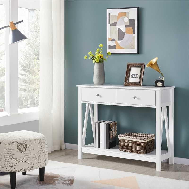 Elegant White Wooden Console Table with Drawers and Shelf