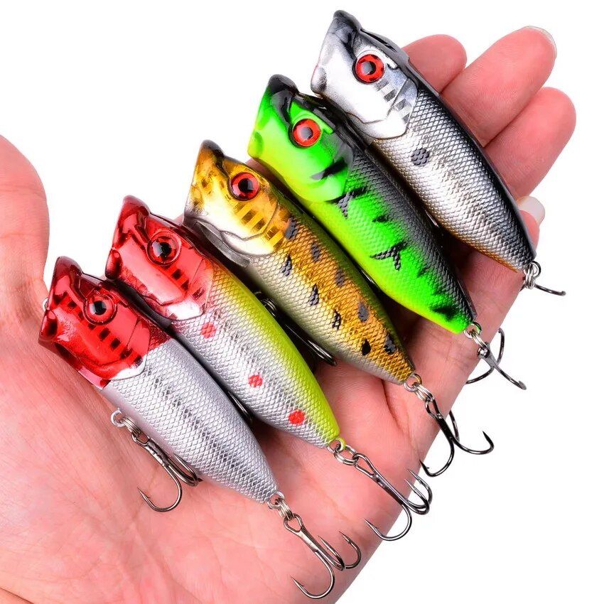 7cm Topwater Popper Fishing Lure with 3D Eyes and Treble Hooks